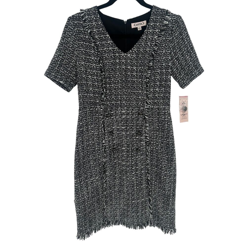 Nanette Lepore NWT Black White Tweed Fringe Sheath Dress Knee Length Winter 2